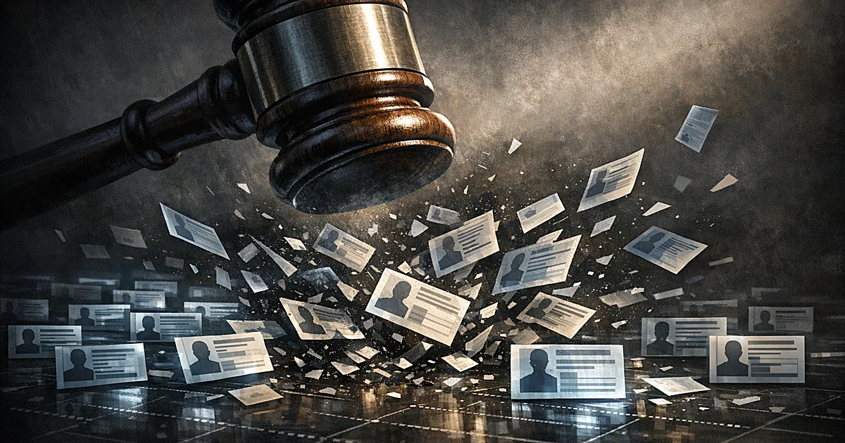 Gavel striking down on organized database of voter registration documents, scattering them across a dark surface