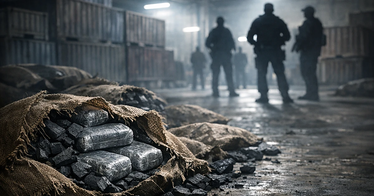 Torn charcoal bags on warehouse floor revealing hidden packages with silhouetted officers in background