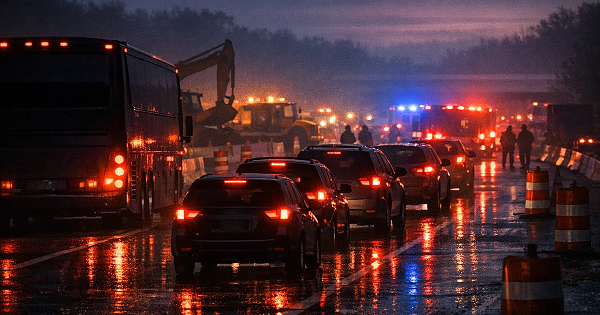 Highway work zone at dawn with stopped vehicles, construction barriers, and emergency lights on dark interstate