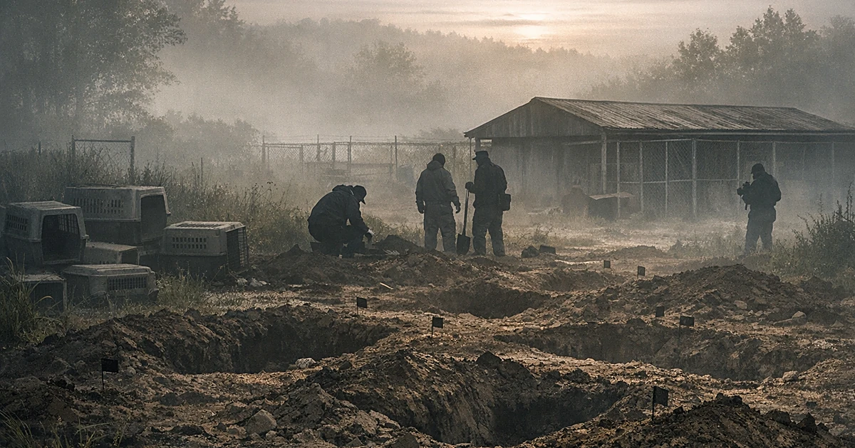 Excavation sites and empty kennels at abandoned animal rescue property with investigators working in background