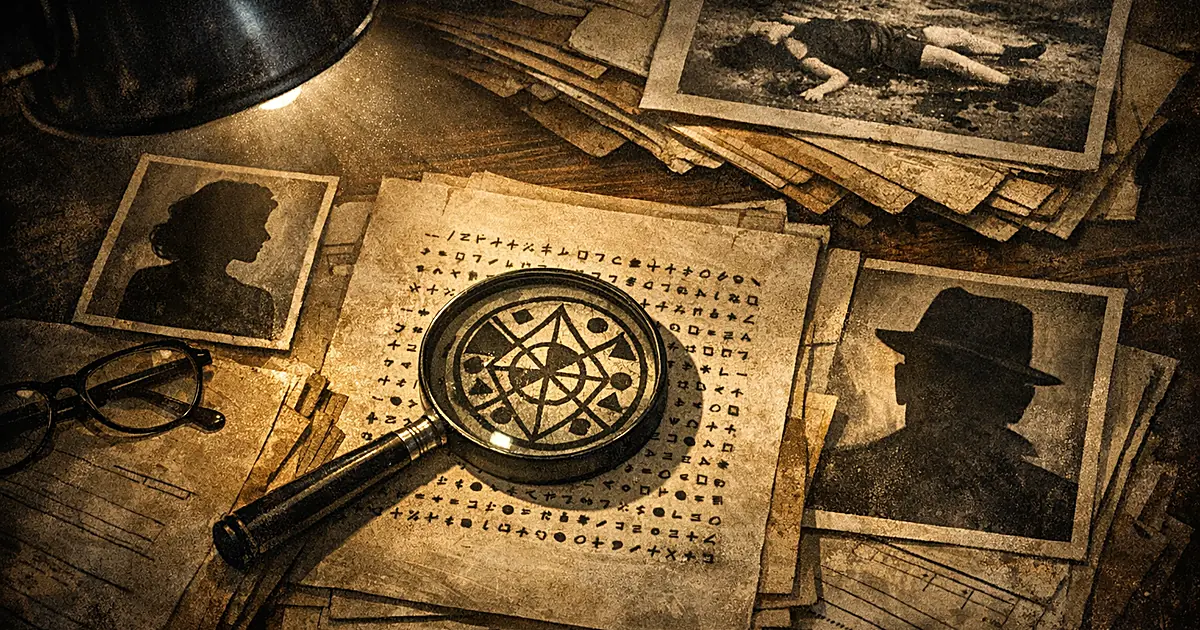 Desk with cipher documents, vintage case files, and magnifying glass over coded symbols in dramatic lighting