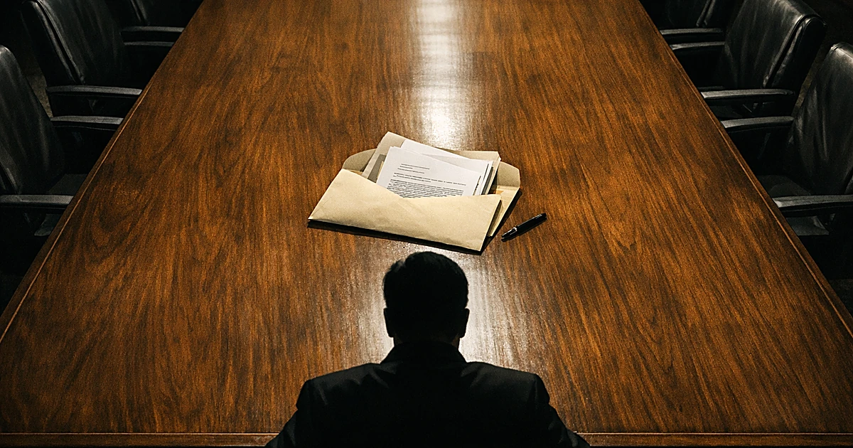 Empty boardroom with open envelope containing documents on table, lone silhouetted figure seated at far end
