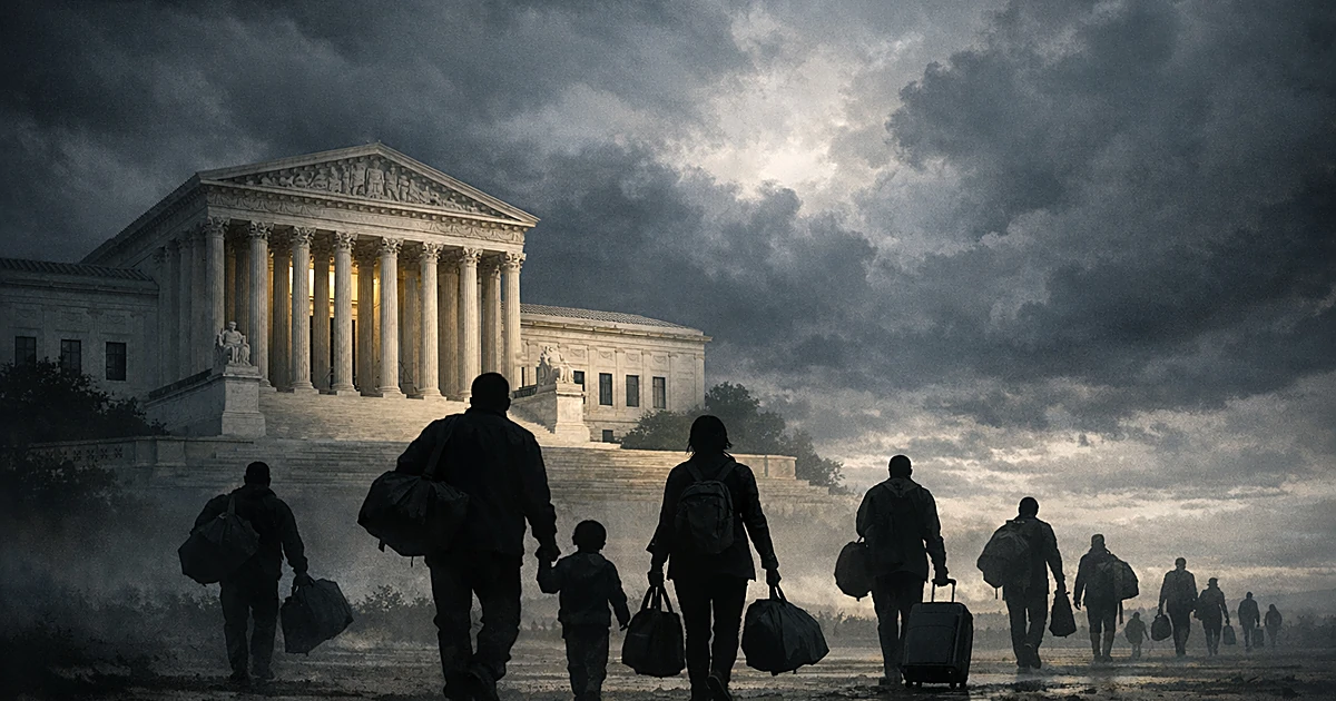Silhouetted figures with luggage walk away from a courthouse building under dark clouds
