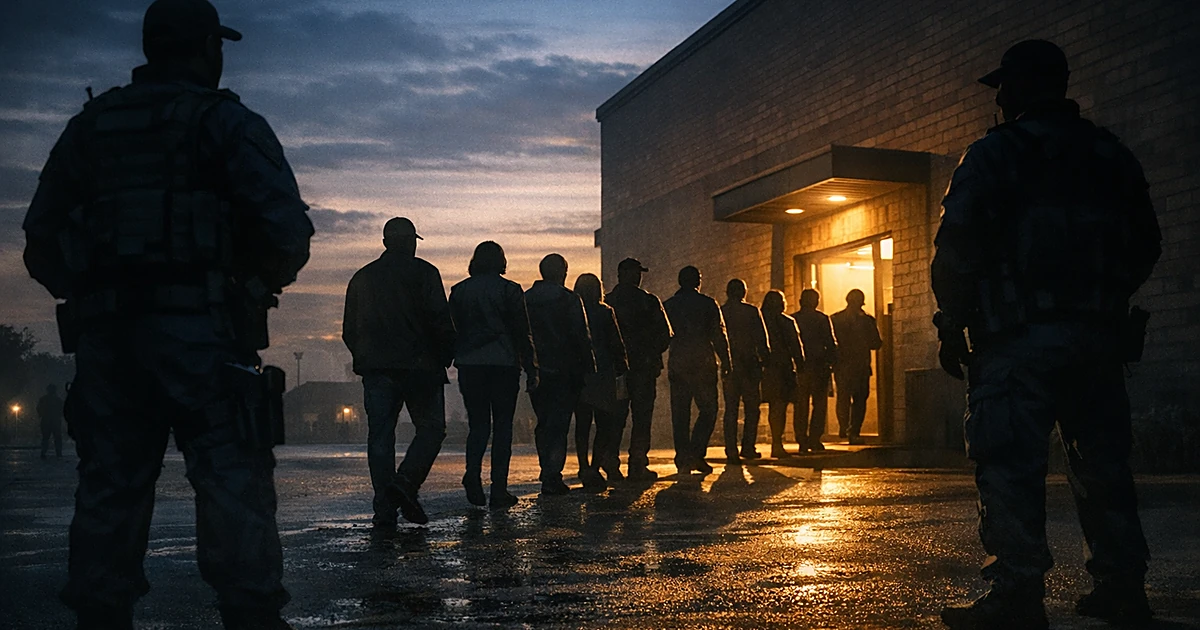 Silhouettes of voters in line at polling place with uniformed figures stationed nearby in surveillance positions