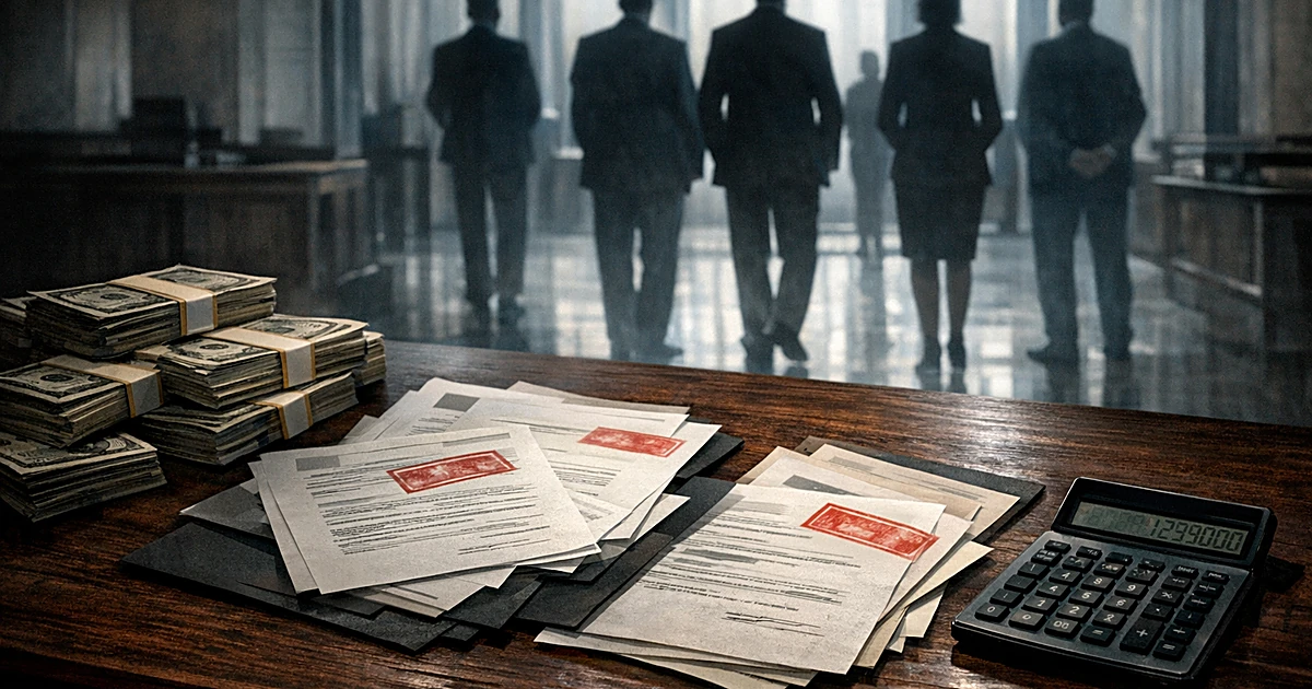 Overhead view of desk with documents, cash, and calculator; silhouetted figures stand at windows in government building