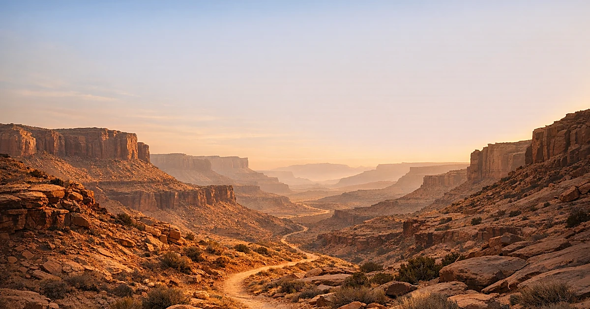 Abstract desert canyon landscape with layered rock formations and winding trail under golden sky