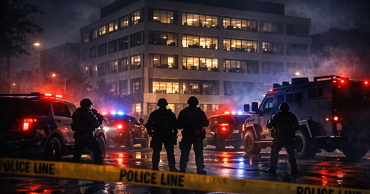 Night scene of bank building surrounded by emergency vehicles with flashing lights and police tape during standoff