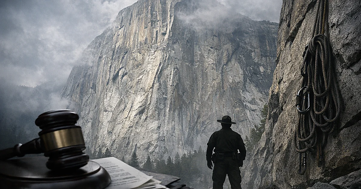 Silhouetted ranger figure at base of towering granite cliff with gavel on documents in foreground