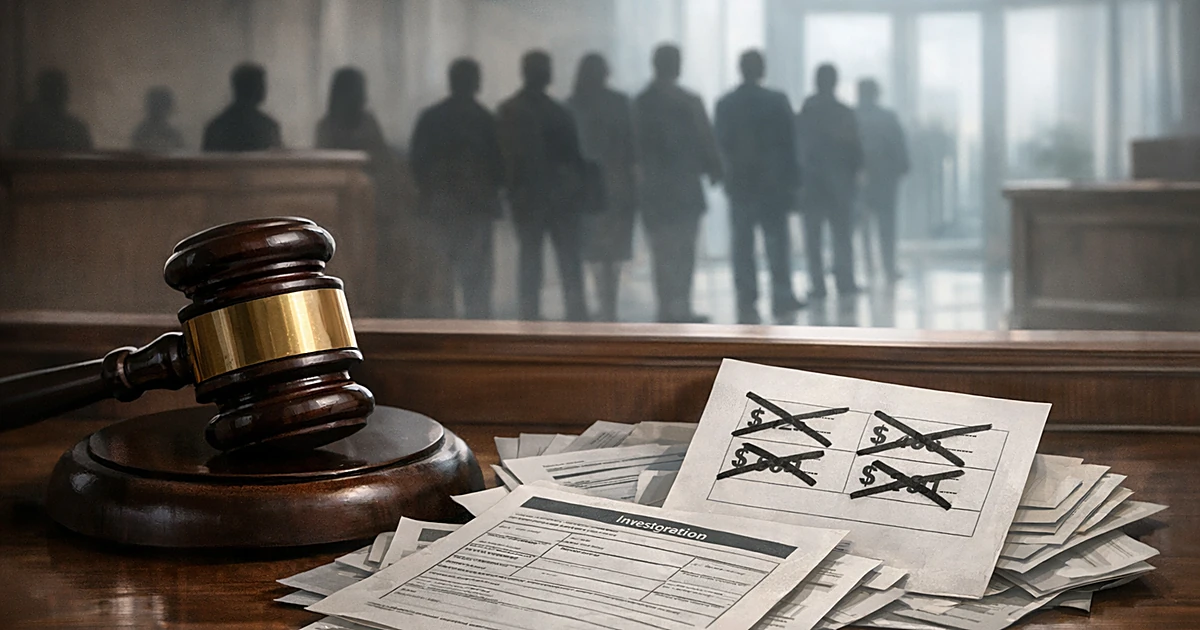 Judge's gavel on bench with immigration documents and fee schedules, silhouettes of people queuing in background