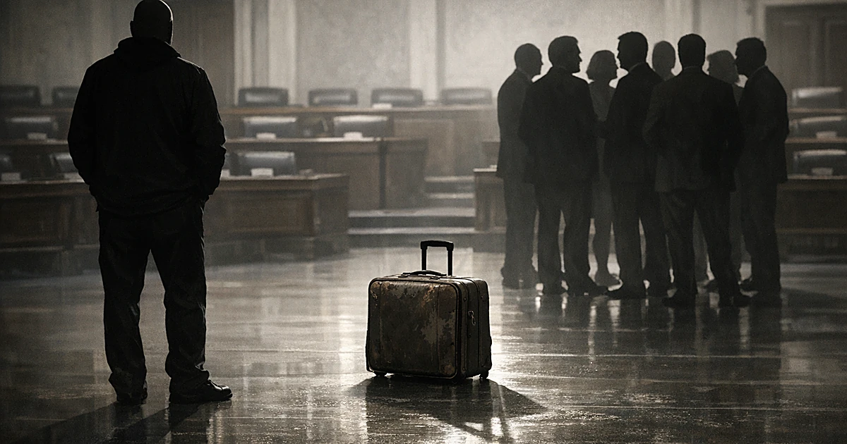 Silhouetted figure separated from group in chamber with abandoned luggage between them
