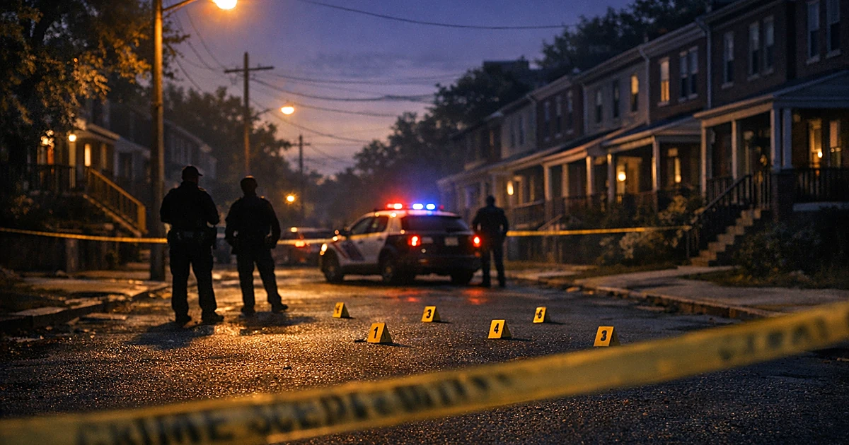 Empty urban street at dusk with police evidence markers and crime scene tape on residential block