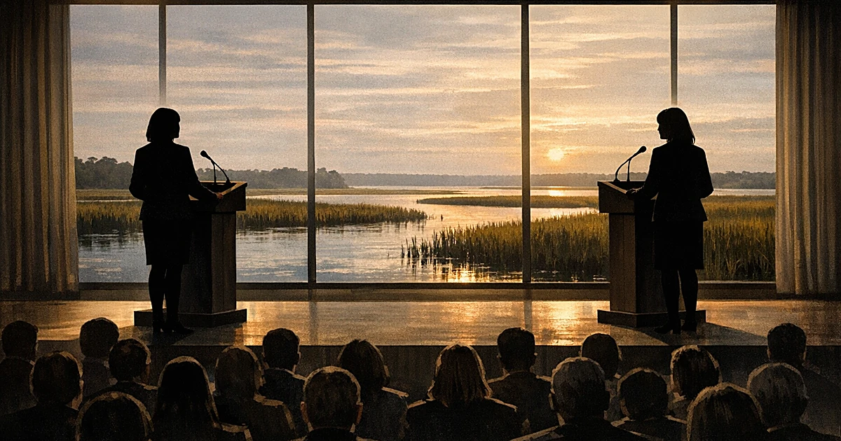 Two silhouetted figures at podiums face an audience with coastal marshland visible through windows behind them