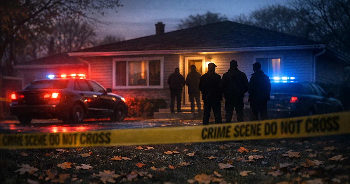 Police lights illuminate a suburban home at dusk with crime scene tape and investigator silhouettes in foreground