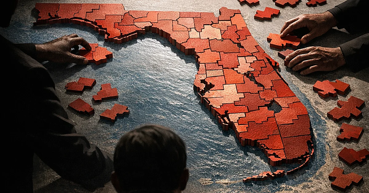 Overhead view of hands manipulating district sections on a three-dimensional relief map of Florida's peninsula