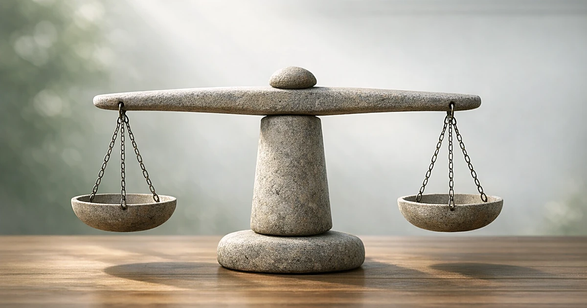 Abstract stone balance scale on wooden surface with soft natural lighting
