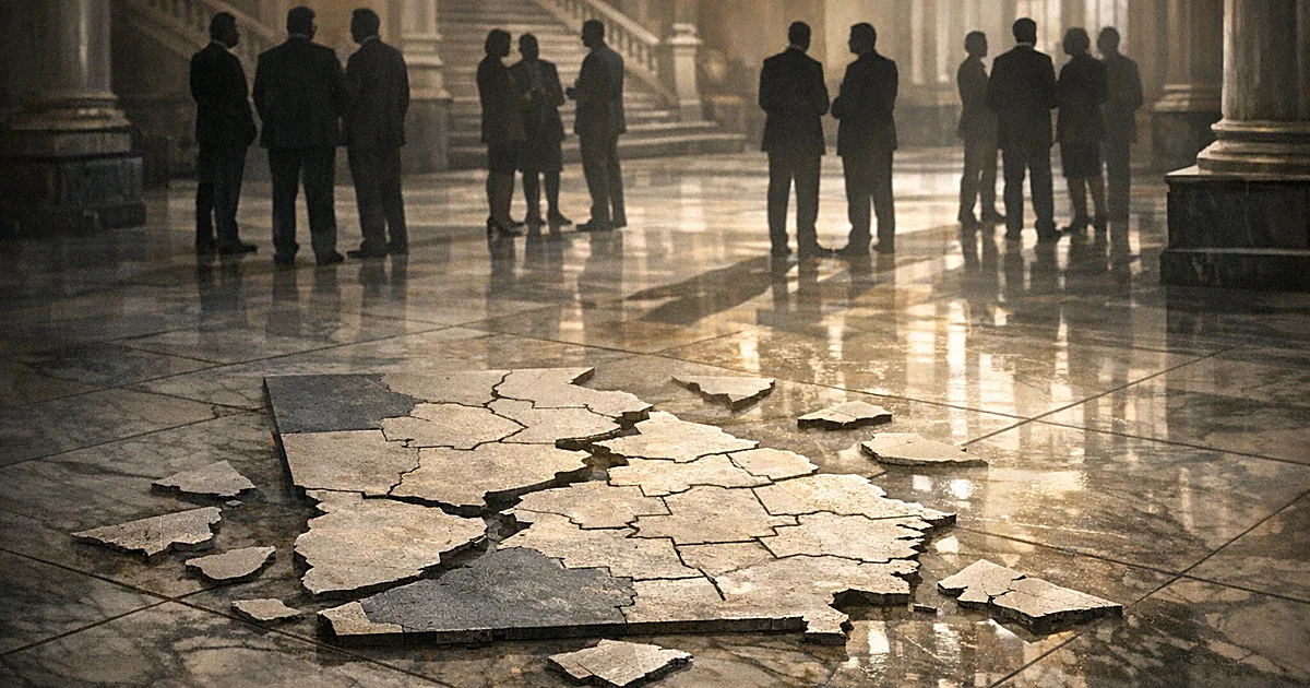 Torn map pieces scattered on capitol floor with silhouetted figures standing in background under dramatic lighting