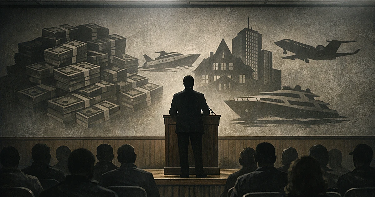 Silhouetted speaker at podium addressing seated audience in community hall with money shadows looming on wall behind