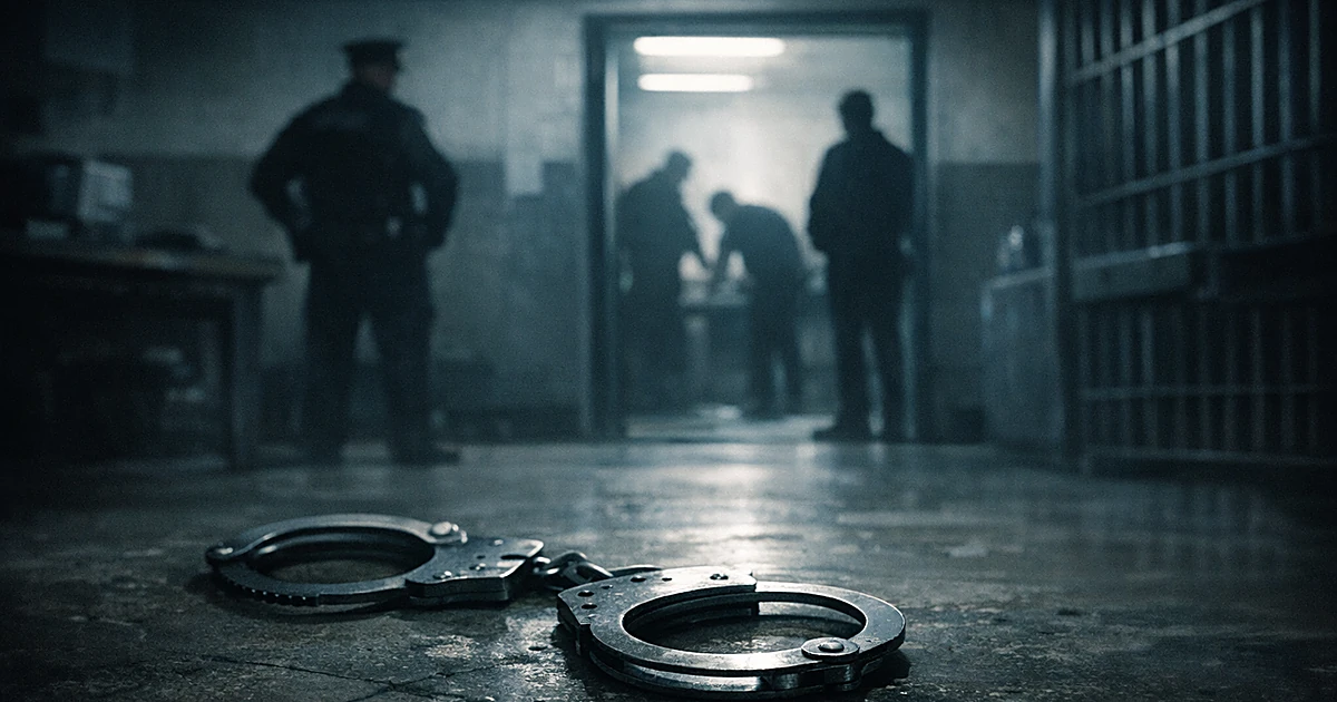 Open handcuffs on police station floor with silhouetted figures in shadowy background under harsh lighting