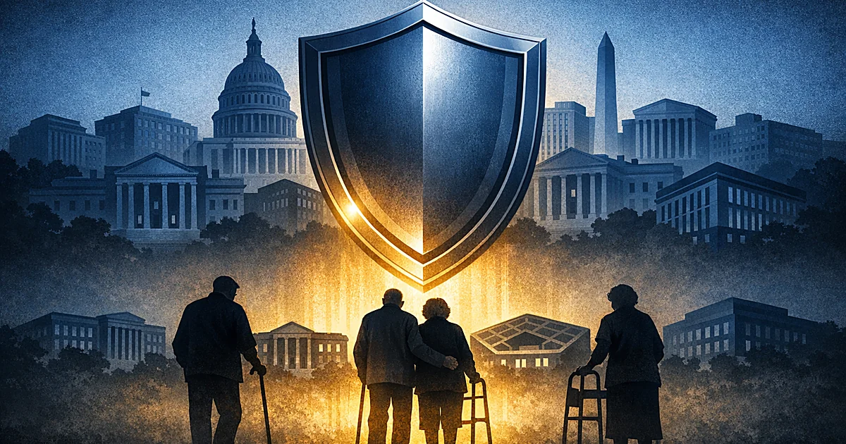 Shield symbol surrounded by government buildings with elderly silhouettes below in protective golden light