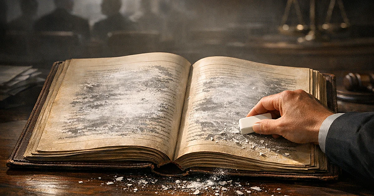 Hand erasing pages from an open congressional record book on a wooden desk with dramatic lighting