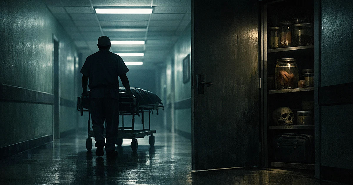 Silhouetted hospital worker pushing gurney down dark corridor with storage room visible in background