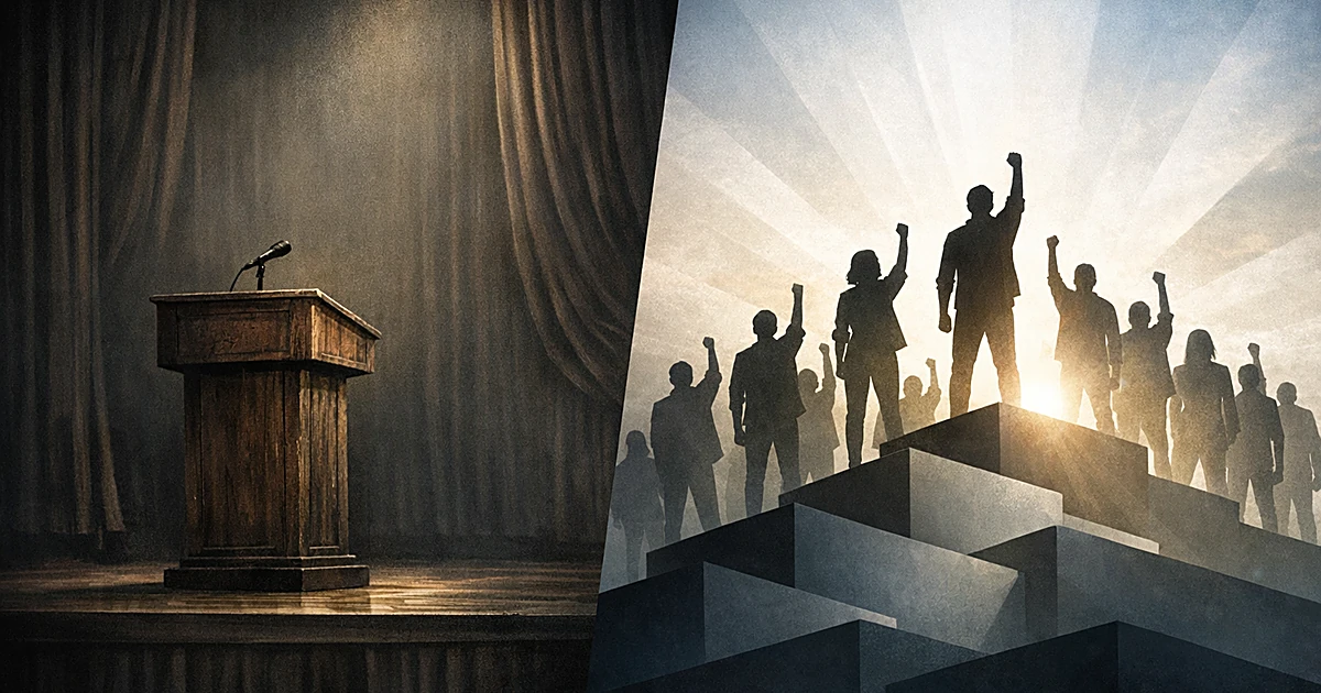 Split scene contrasting empty traditional podium in shadow with silhouetted figures on illuminated platforms