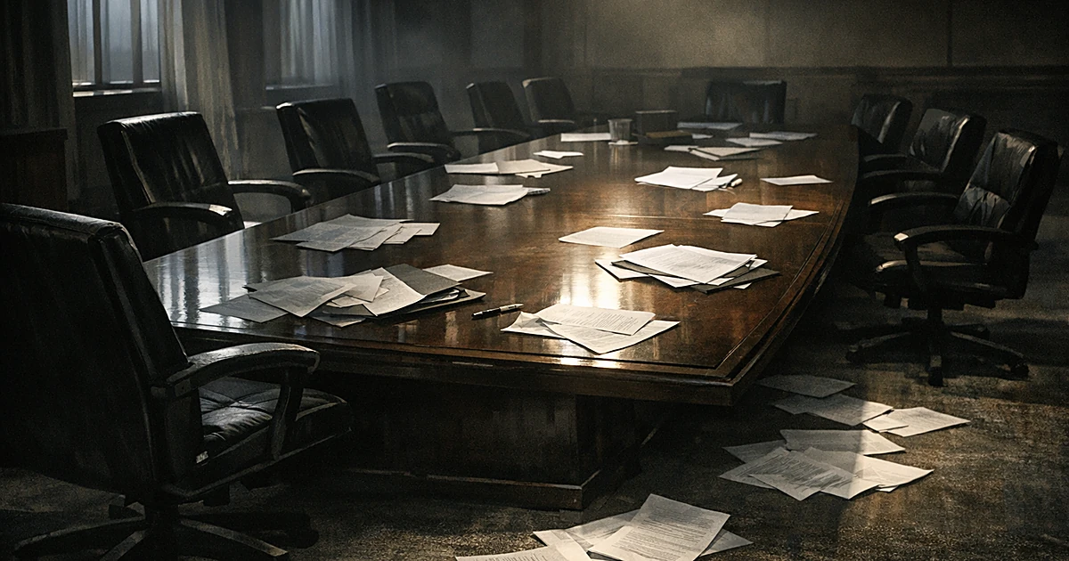 Empty conference room with vacant chairs and scattered papers suggesting absent leadership