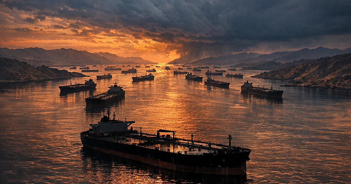 Aerial view of oil tankers crowding the Strait of Hormuz at dusk with gathering storm clouds on the horizon