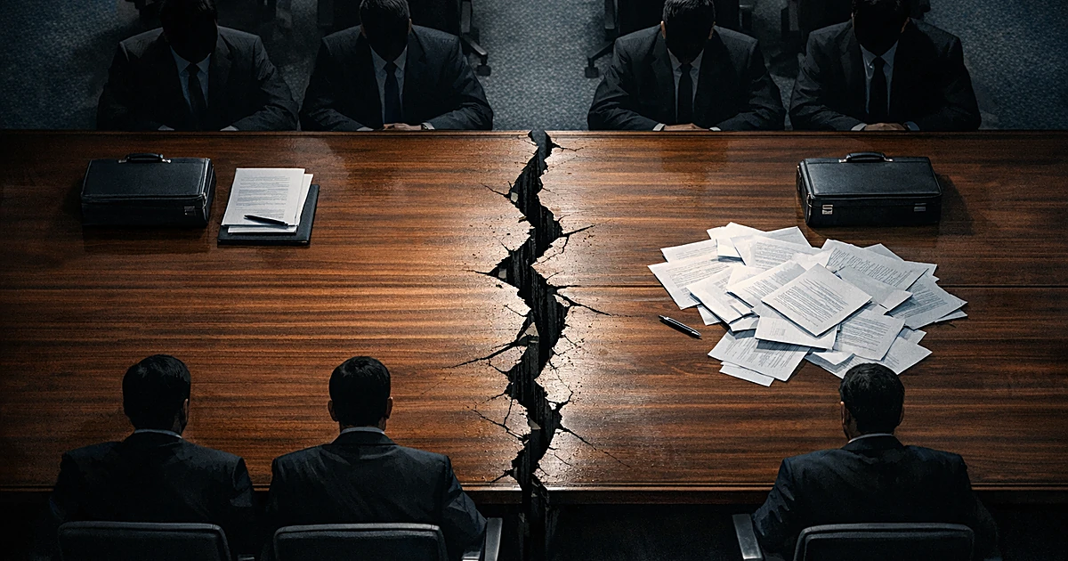 Conference table split by crack with documents on opposite sides representing conflicting diplomatic claims