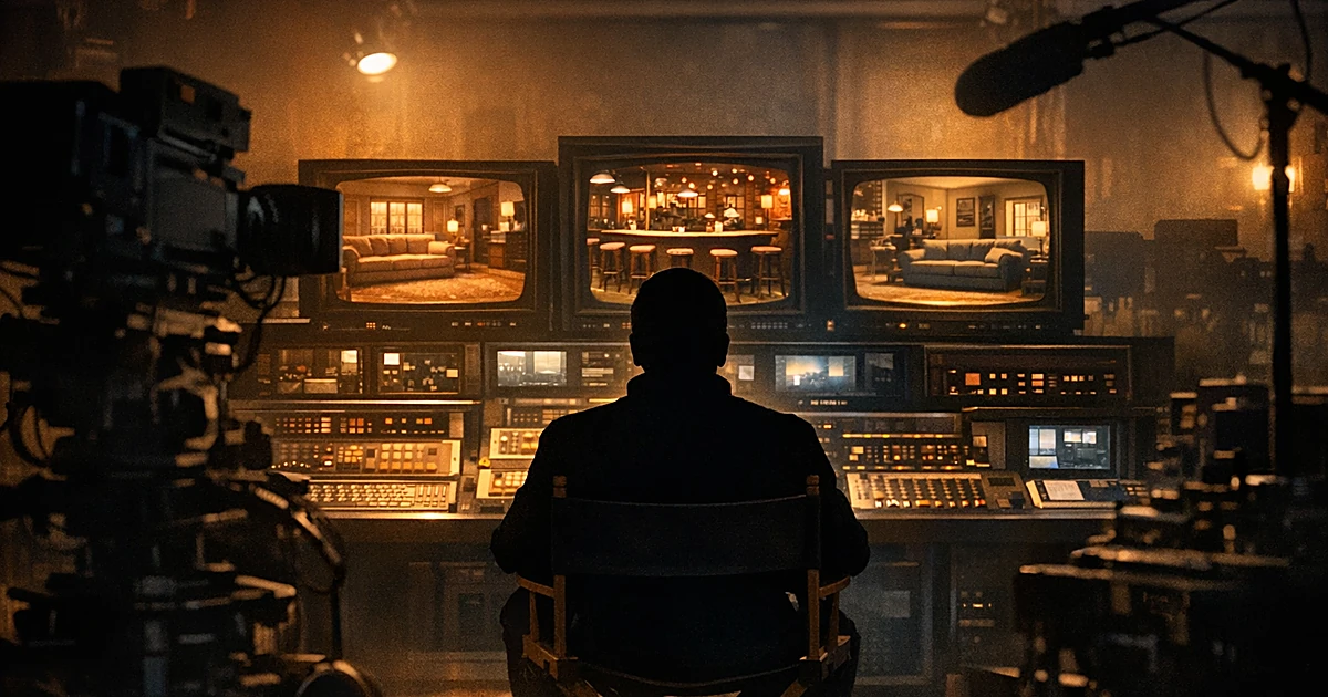 Silhouetted director in studio control room facing monitors showing classic sitcom sets with vintage production equipment