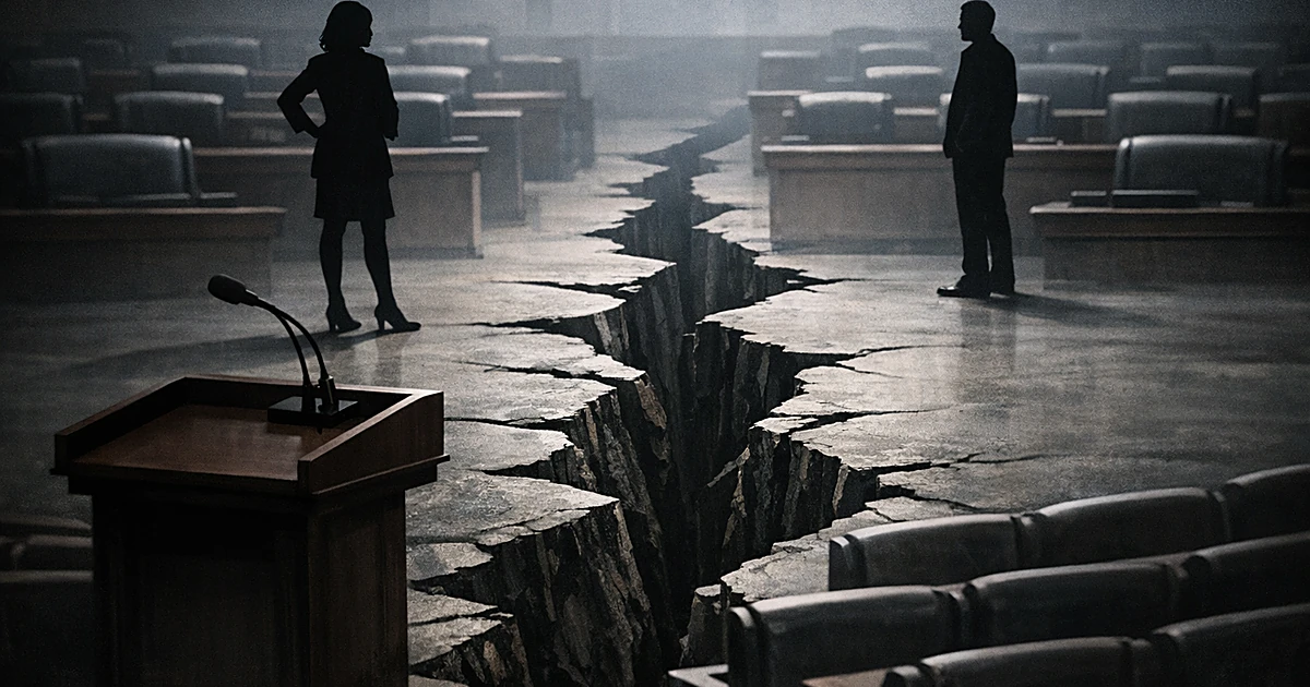 Two silhouetted figures separated by a crack in a legislative chamber floor with an empty podium in foreground