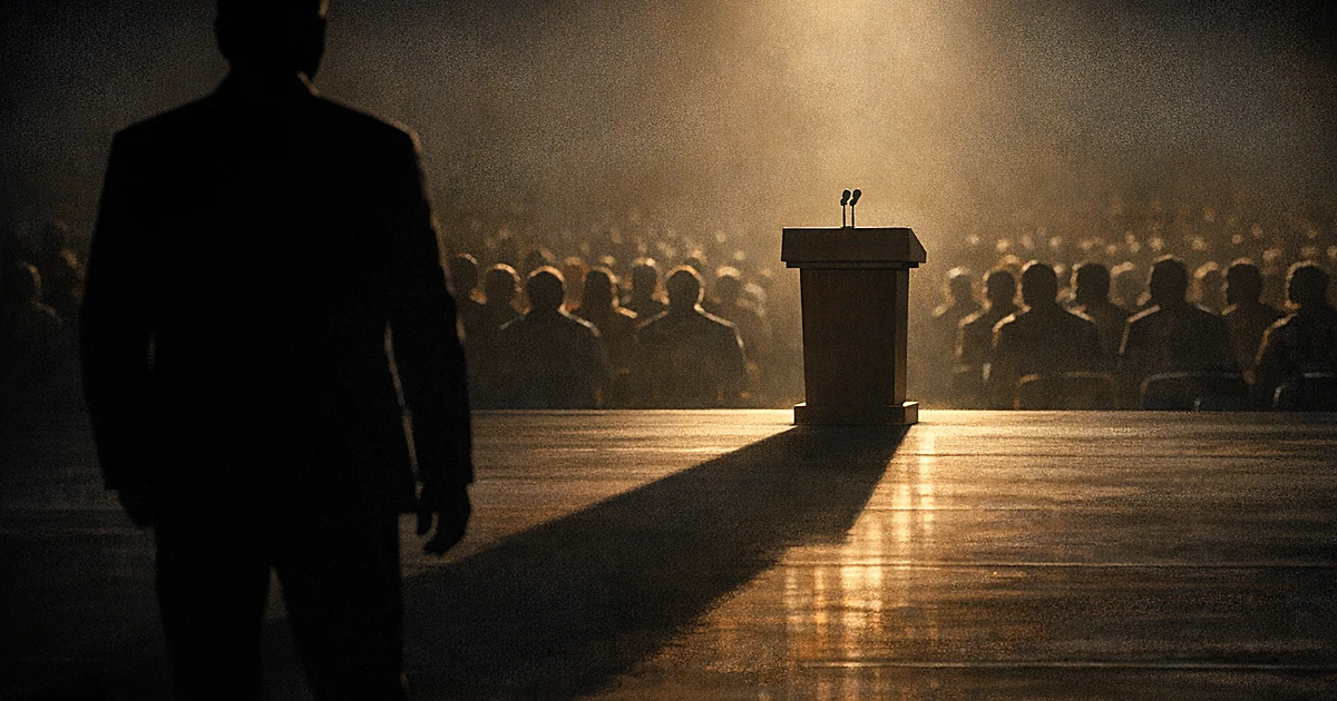 Shadow stretching toward empty podium on stage with silhouetted crowd watching in background