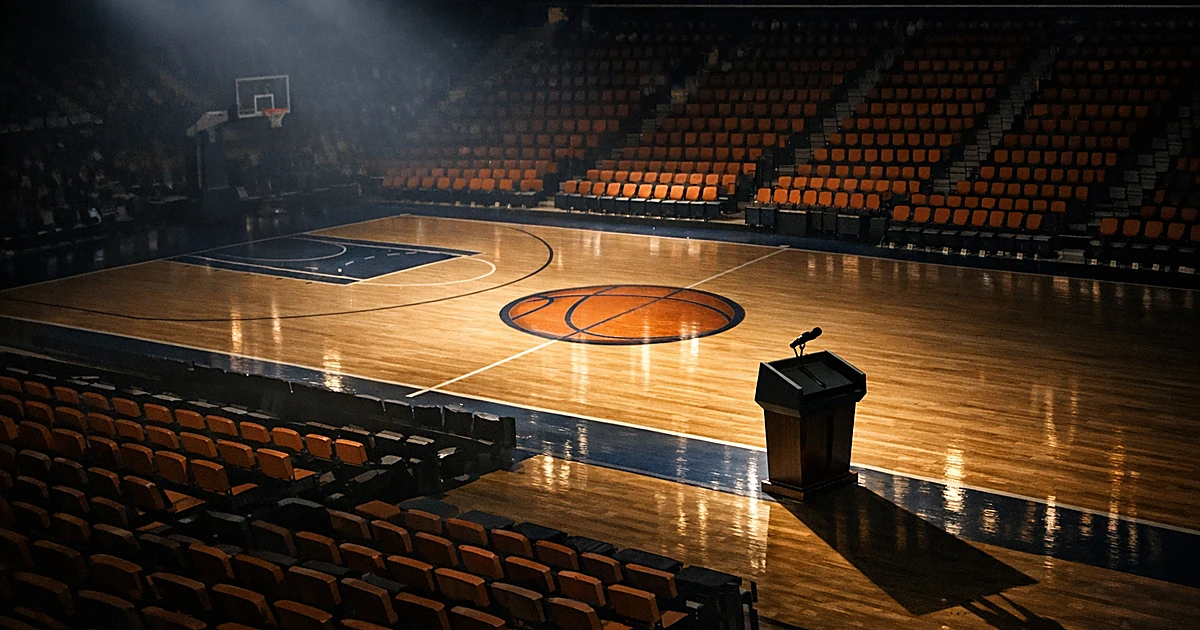 Empty basketball arena with presidential podium at courtside, overhead view of illuminated court and vacant seats