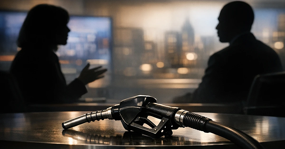 Silhouetted figures at TV studio desk with gas pump nozzle between them under studio lighting