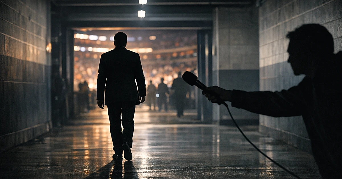 Silhouetted figure walking through arena exit while another person with microphone approaches from the side