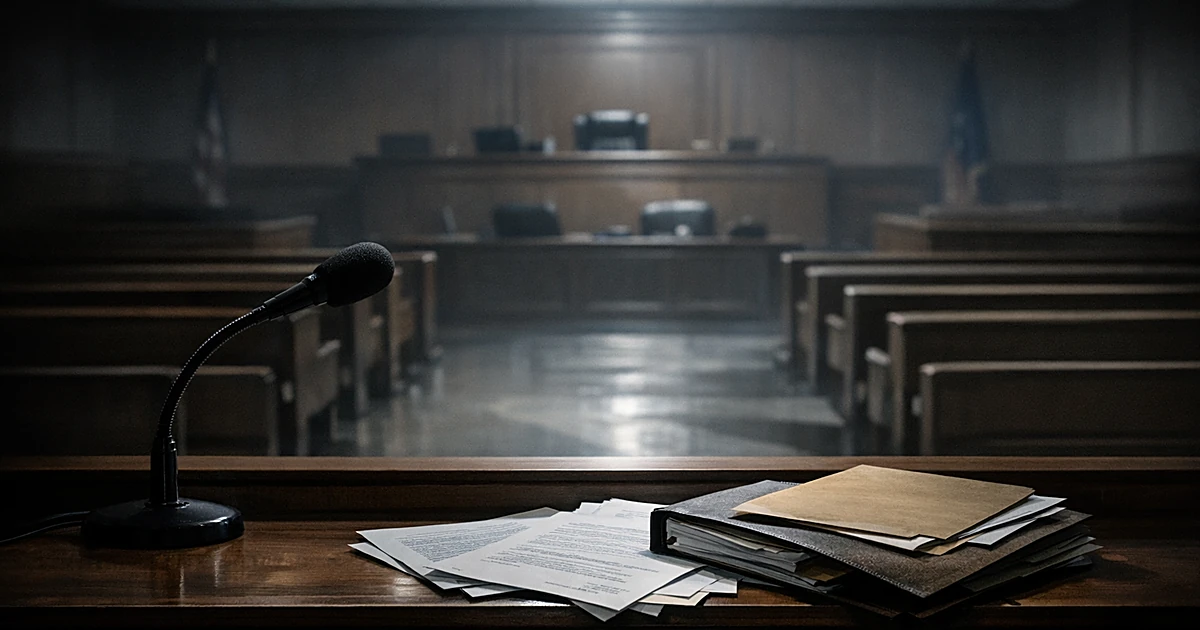 Empty courtroom witness stand with microphone and legal documents, viewed from behind in dramatic lighting