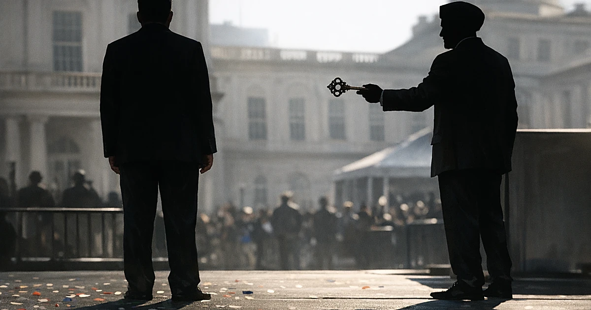 Two silhouetted figures on ceremony stage, one refusing handshake while other holds ornamental key, confetti on ground