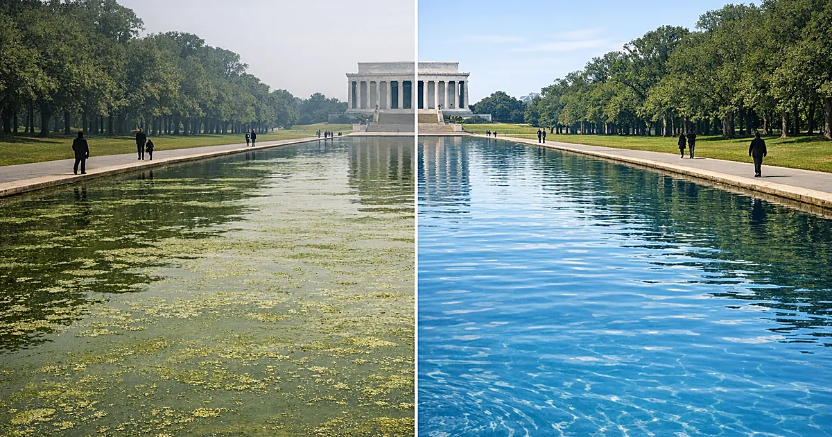 Split view of reflecting pool showing green algae-filled water transitioning to clear blue restored water
