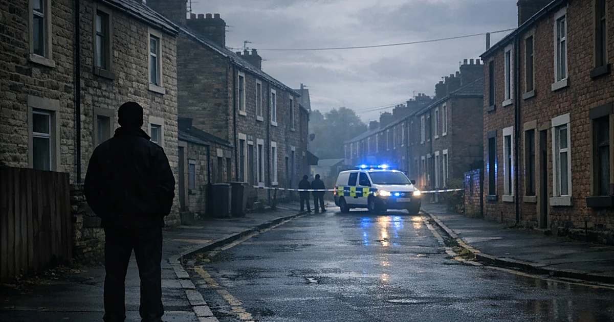 Empty residential street with terraced houses and emergency vehicle with blue lights in small English town