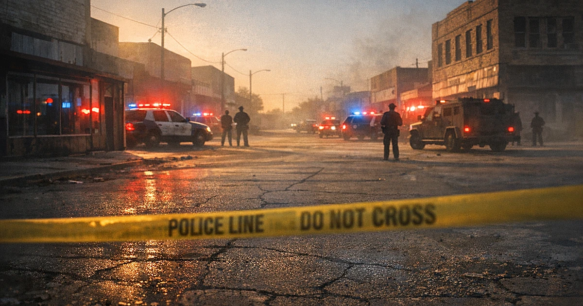 Empty Texas street with emergency lights reflecting in windows and police tape across abandoned buildings at dawn