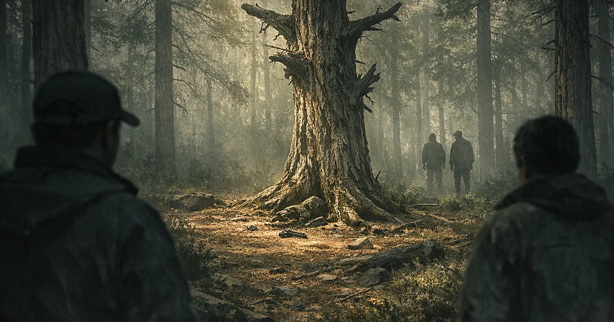 Isolated tree in misty New Mexico forest clearing surrounded by dense pines and dappled shadows