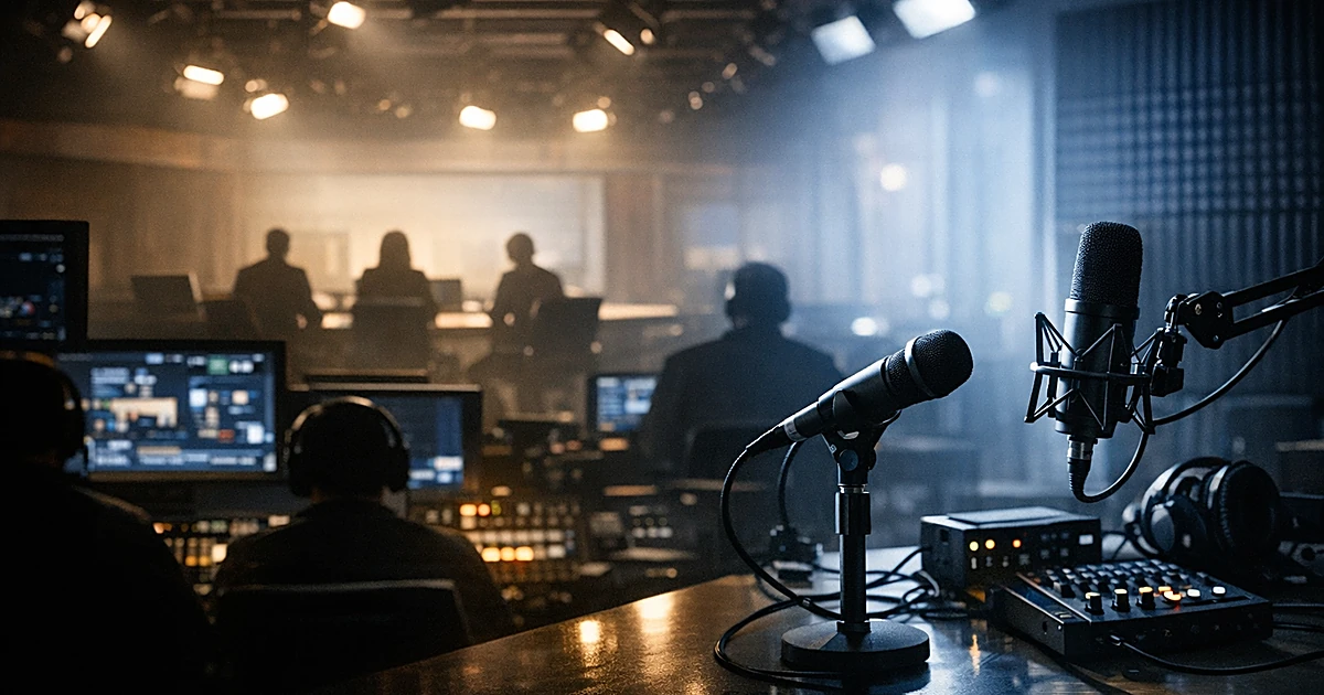 Empty TV studio with silhouettes at anchor desks as podcast equipment is installed in foreground, lights dimming