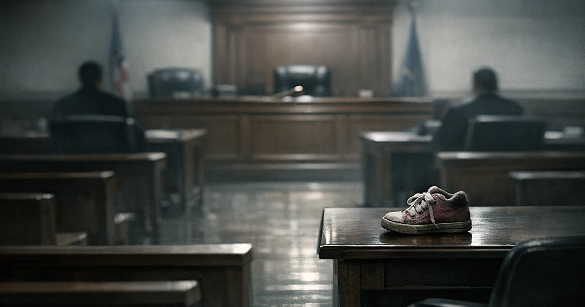Empty courtroom with judge's bench and gavel, child's sneaker on defense table, viewed from rear of room