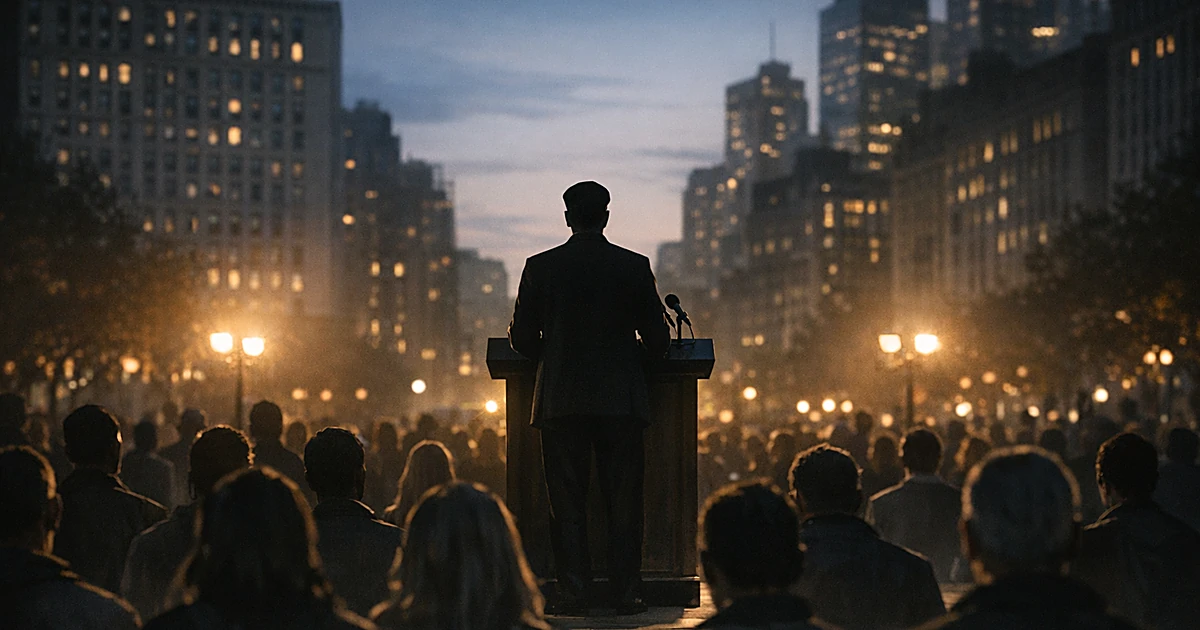 Silhouetted speaker at podium addressing crowd of people shown from behind in urban plaza at dusk