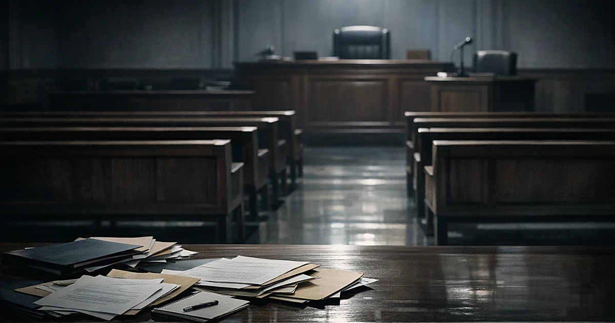 Empty courtroom with scattered legal documents on tables and long shadows across the floor