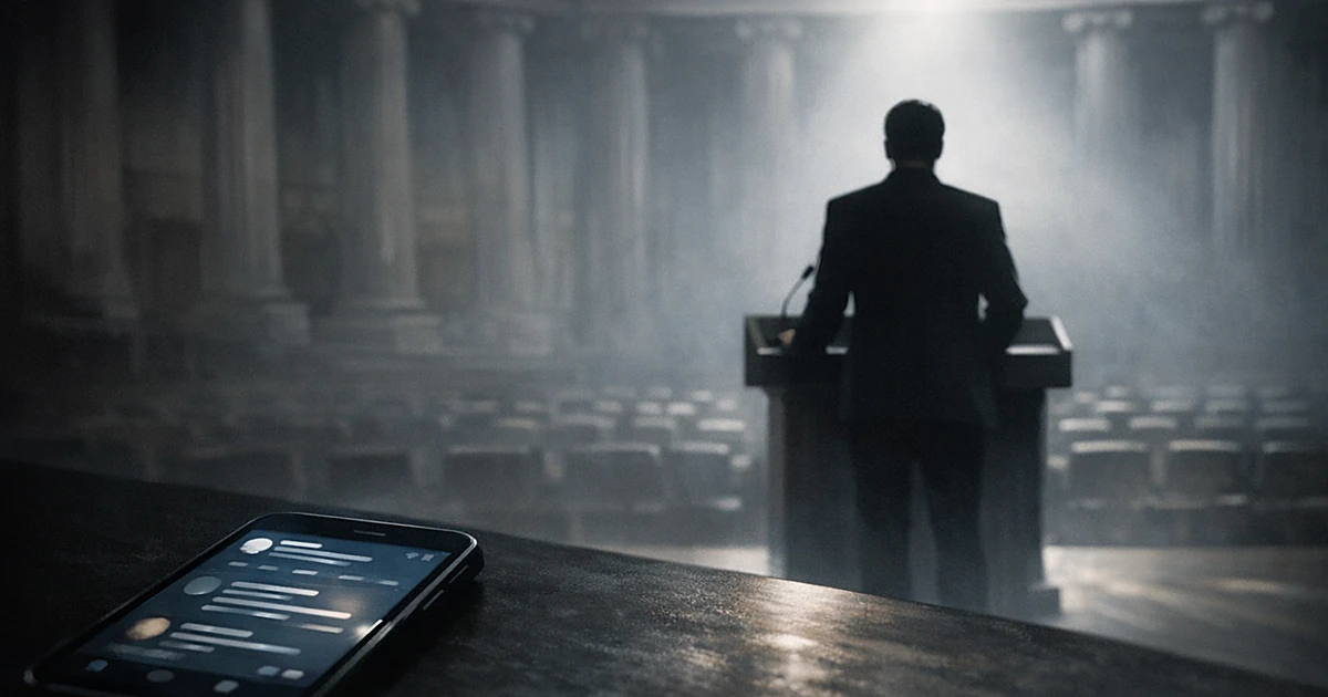 Silhouetted figure at podium with smartphone showing social media post, government building columns in background