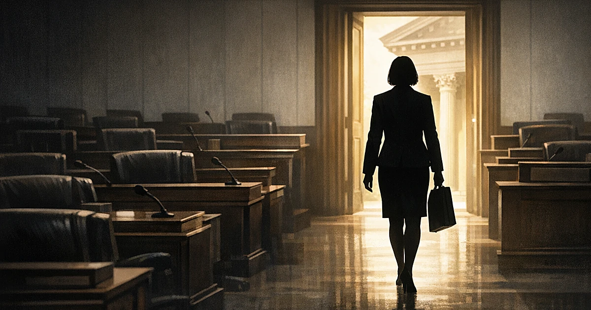 Silhouetted figure walking from legislative chamber toward lit doorway with courthouse column visible beyond