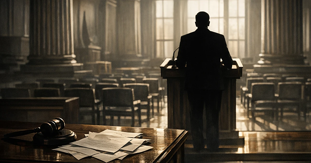 Silhouetted figure at podium in empty municipal chamber with scattered papers and gavel in foreground