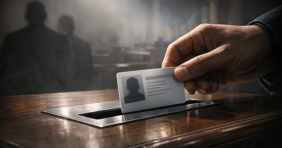 Hand inserting photo ID card into ballot box slot in dramatic lighting