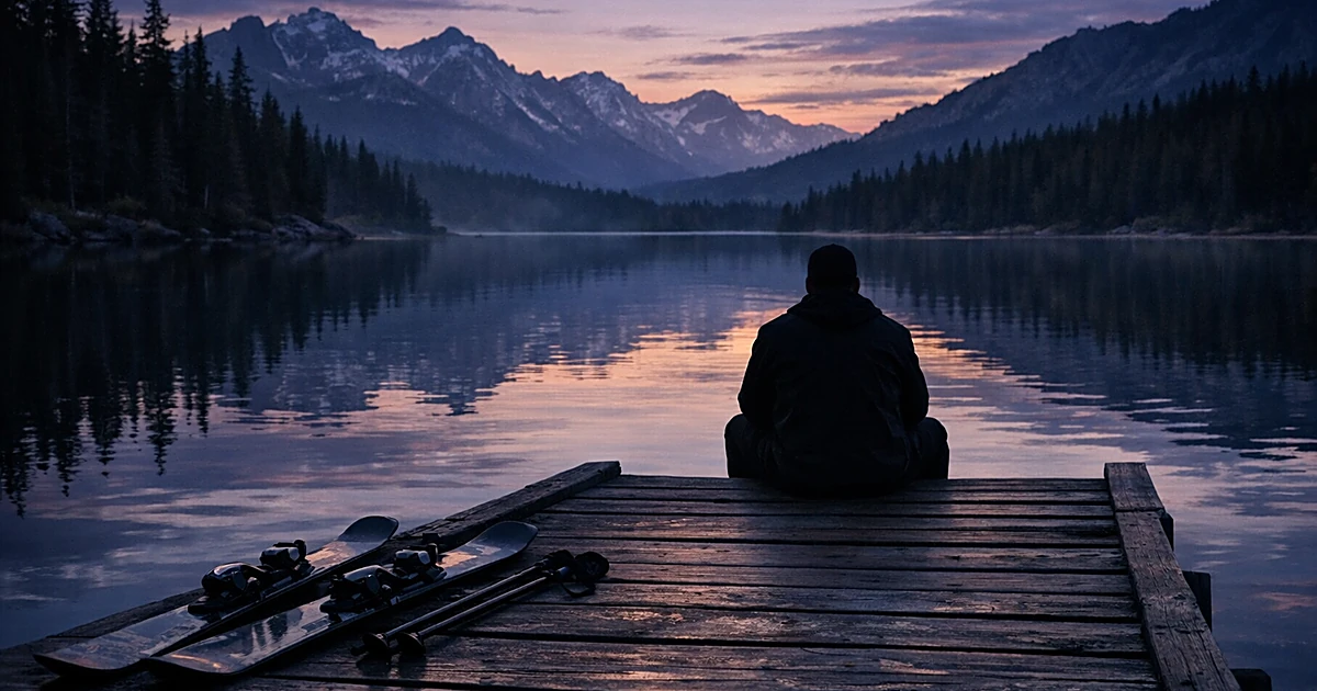 Silhouetted person sitting on mountain lake dock with abandoned skis in foreground at dusk in Idaho wilderness